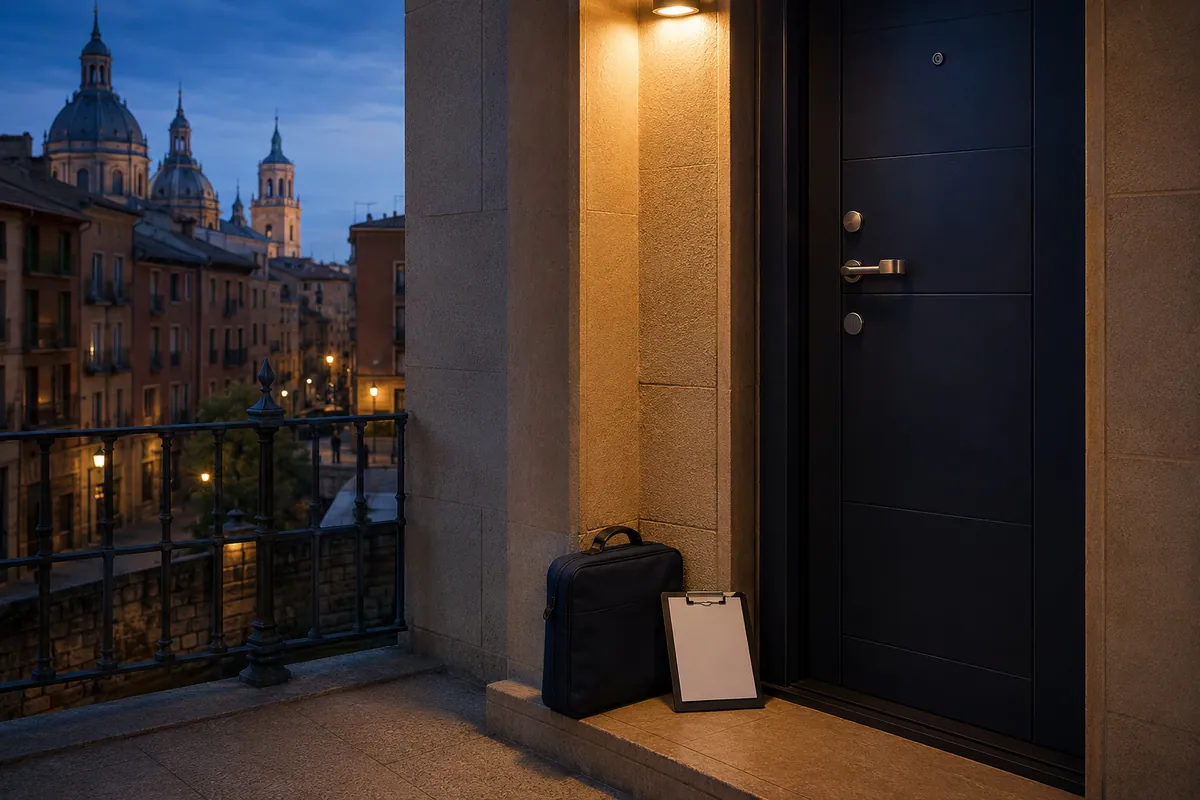 Puerta residencial en Zaragoza al anochecer