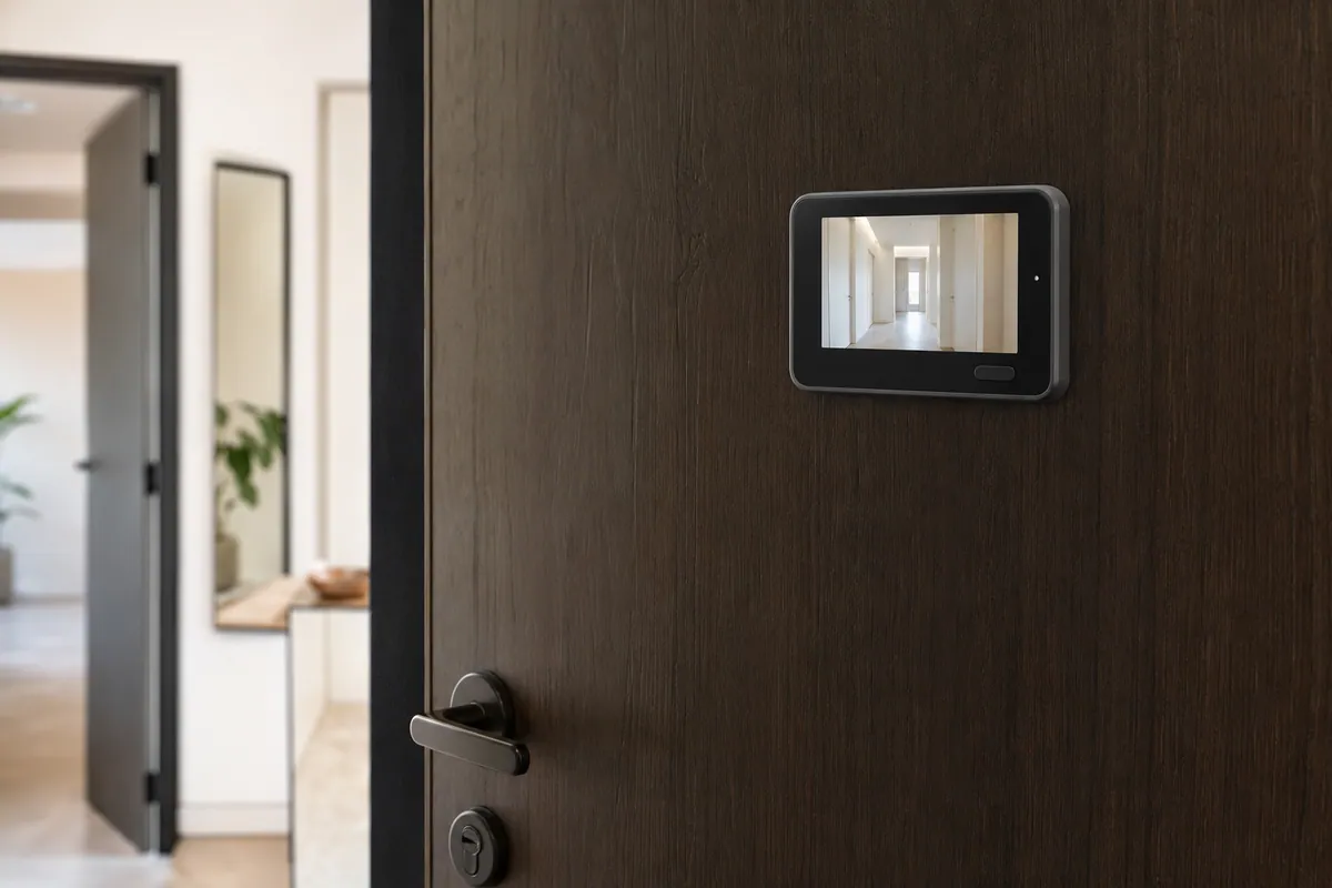 Pantalla de una mirilla digital instalada en el interior de una puerta