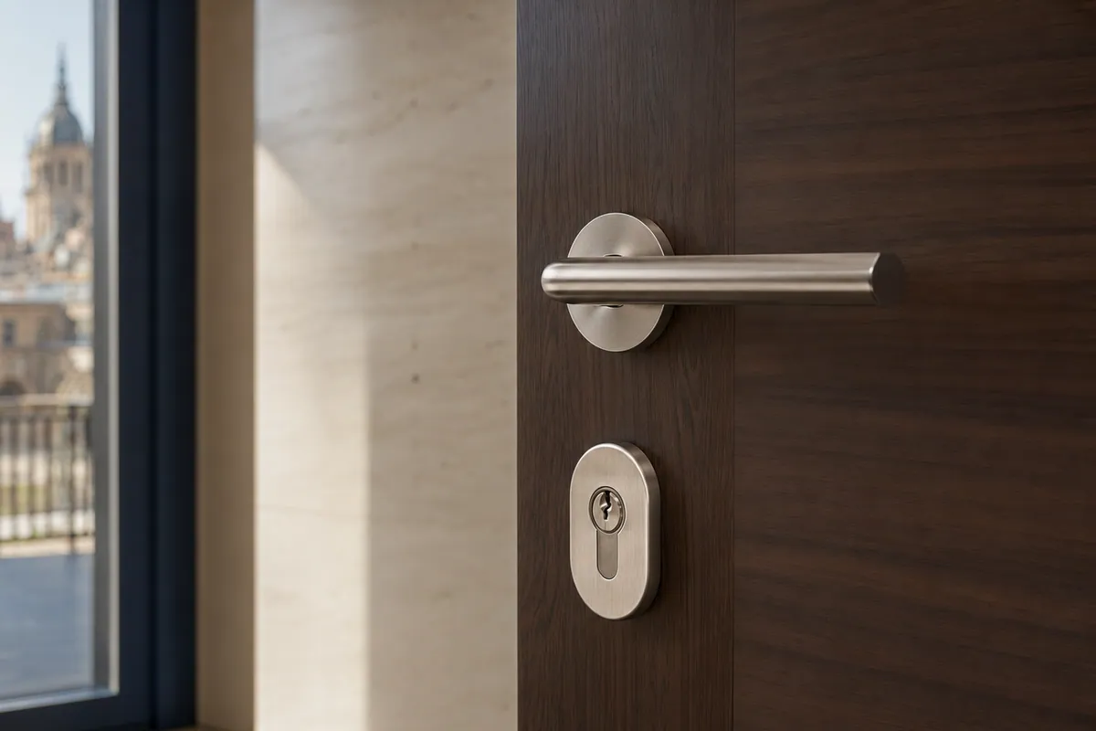 Puerta residencial con cilindro y escudo de seguridad en Zaragoza